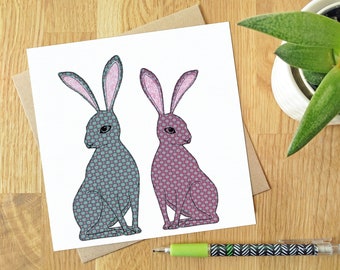 Hares - Blank greeting card | Free motion embroidery | Print | nature | Animals