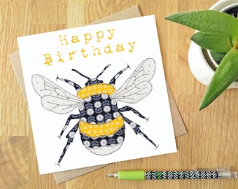 Happbee Birthday - Blank greeting card | Free motion embroidery | print | bee | birthday | Celebration