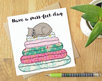 Purr-fect - Blank greeting card | Free motion embroidery | print | Fun | any occasion | Friends | cats