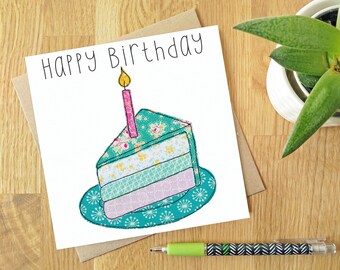 Piece of Cake - Blank greeting card | Free motion embroidery | print | cake | birthday card