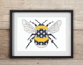 Bee Print | A4 , A3, 10x8" | Free motion embroidery | Print | Bees | Archival High Quality Print