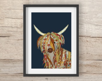 Highland cow portrait/bull landscape Print | A4 , A3, 10x8" | Free motion embroidery | Print | Archival High Quality Print