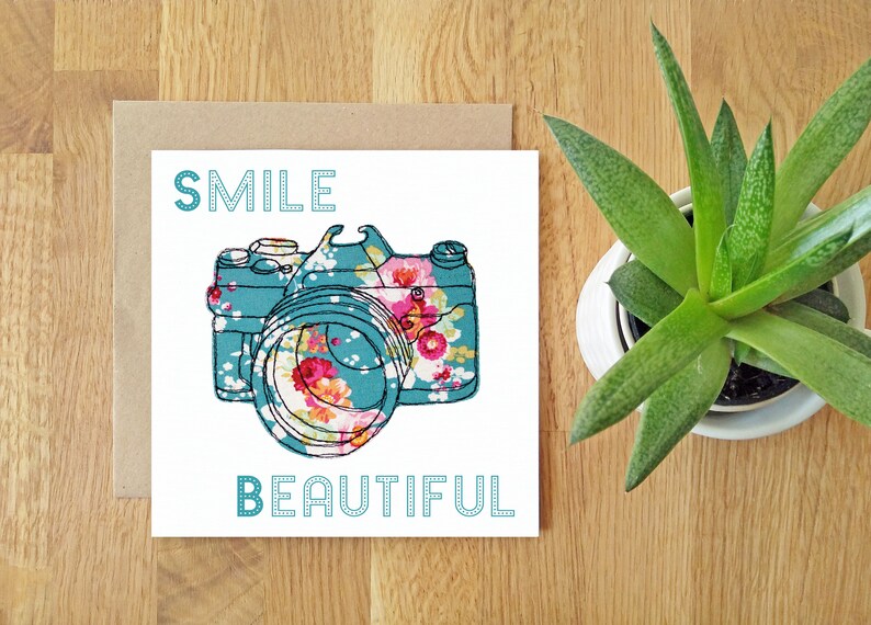 Smile Beautiful Blank greeting card Free motion embroidery print Motivation thinking of you support image 2