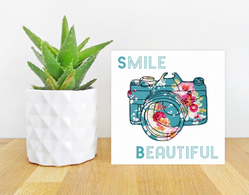 Smile Beautiful Blank greeting card Free motion embroidery print Motivation thinking of you support image 3