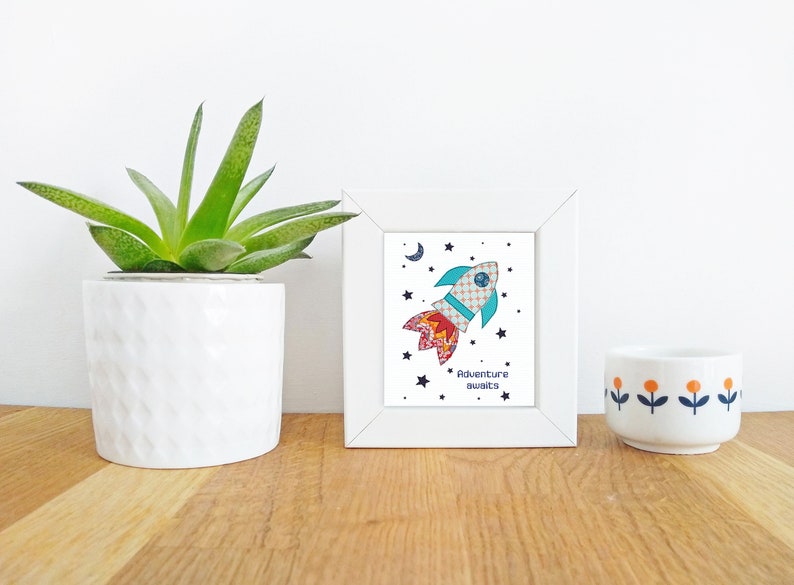 Rocket Mini Framed Print Free motion embroidery Print Space Kid's decor Kid's rooms image 3