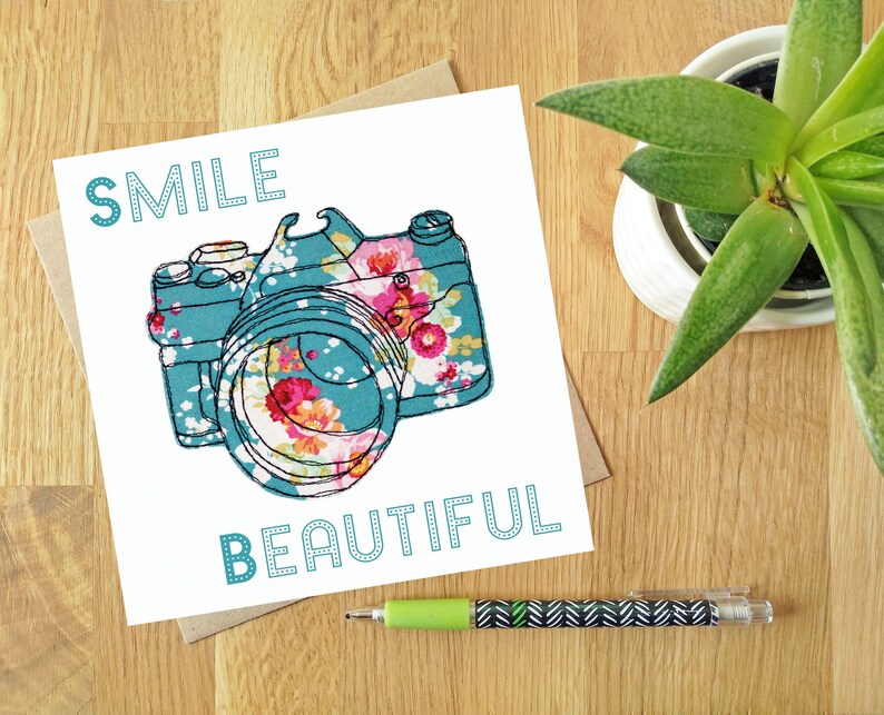 Smile Beautiful Blank greeting card Free motion embroidery print Motivation thinking of you support image 1