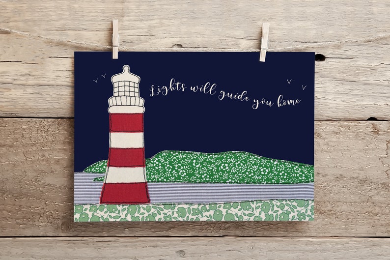 Lights Will Guide You Home postcard Free motion embroidery Print Lighthouse Friends support Hope Coldplay image 1