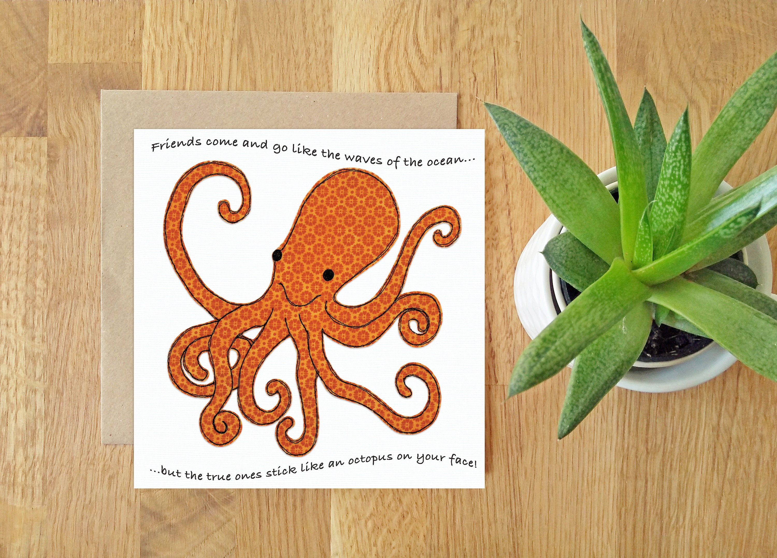 Friends With an Octopus Blank Greeting Card Free Motion Embroidery