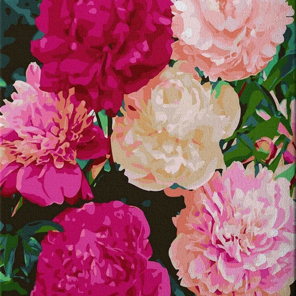 Peinture de fleurs par numéros, pivoines adultes dans le jardin, peinture acrylique, ensemble de bricolage