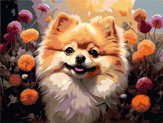 Paint by Numbers Pomeranian Spitz in Dandelions Painting Set for Adults 