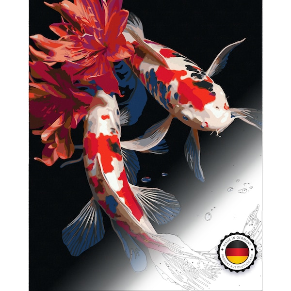Peinture par numéros pour adultes Kit de peinture de poisson Koi - Beauté sur noir V03