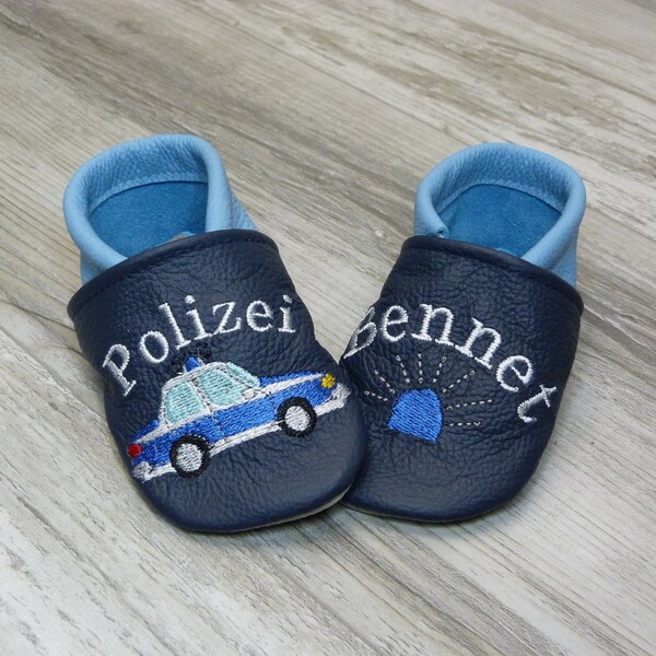 Lederpuschen, Krabbelschuhe, Polizei, Sirene, Geschenk zur Taufe, Geburt, Blau, Hellblau, mit Name, Lauflernschuhe, Puschen, Barfußschuhe