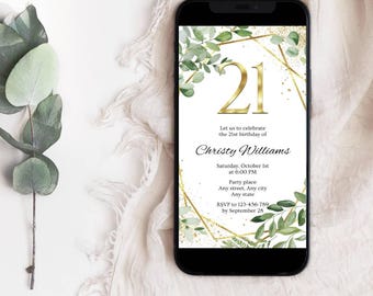 Telefoonuitnodiging 21e verjaardag, sjabloon lente groen goud canvas, digitale tekst bewerkbare uitnodiging, eenentwintigste verjaardag uitnodiging