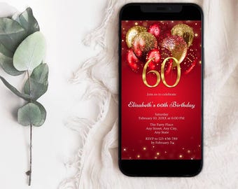 Rode en gouden 60e verjaardagsuitnodiging | Bewerkbare canvassjabloon | Digitale uitnodiging