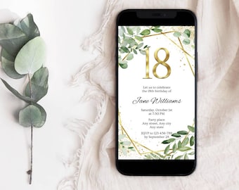 18e verjaardagsuitnodiging, groengouden canvassjabloon, bewerkbare uitnodiging