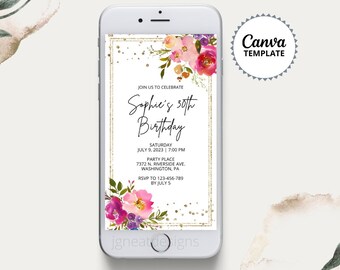 30th Birthday Invitation for Women, Spring Pink Floral, Any Age Birthday Invite, Gold Glitter Digital Invitation, Teen Adult Birthday Invite
