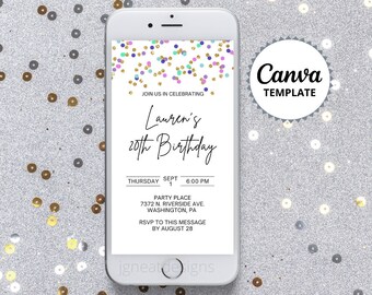 Birthday Party Text Invitation, 20th Birthday Invitation, Birthday Brunch Invitation, Confetti Birthday Evite, Adult Birthday Evite