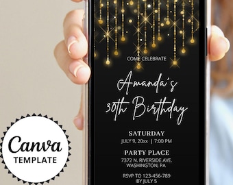 Birthday Dinner Invitation, Black Gold Evite, 30th 40th 50th Any Age Mobile Invitation, Birthday Party Invite, Canva Template