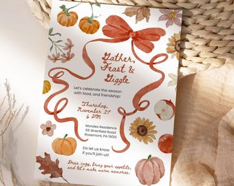 Whimsical Thanksgiving Invitation Template | Watercolor Fall Dinner Party Invite | Canva Editable | Gather Feast & Giggle Printable