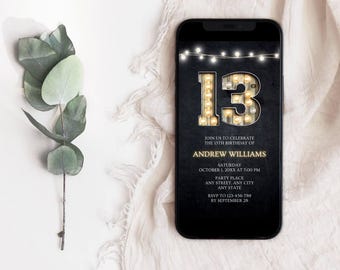 Digitale uitnodiging 13e verjaardag, verjaardagsfeestje tiener, bewerkbare canvassjabloon