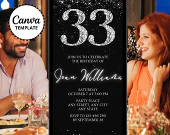 33rd Birthday Phone Invitation: Black Glitter Diamond Design (Canva Template)