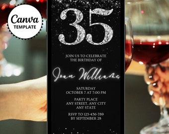 35th Birthday Invitation, Black Silver Party Invitation, Glitter Diamond Design (Canva Template)