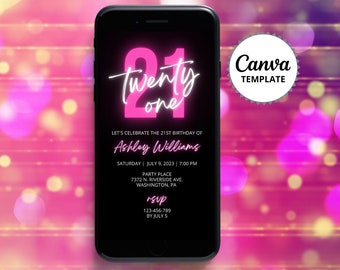 Pink Neon Birthday Invitation, 21st Birthday Mobile Invitation, Digital Phone Invitation, Electronic Invite, Adult Birthday Party, Any Age