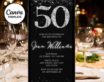 50th Birthday Digital Invitation, Silver Diamond Phone Invite, Black Gray Birthday Dinner Canva Template, Women Birthday Party Text Invite
