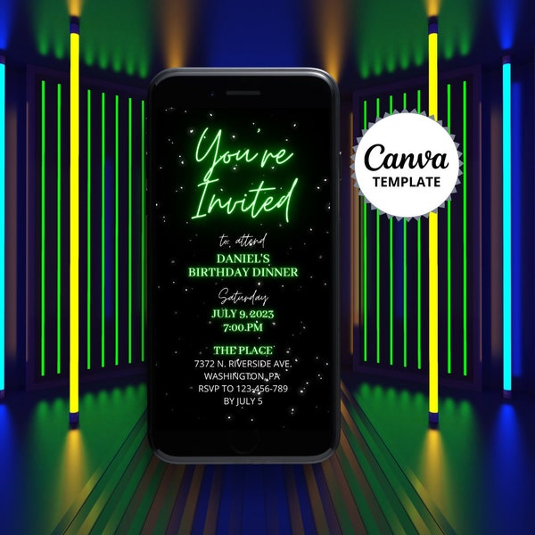 Neon Green Birthday Invitation, Birthday Dinner Text Message Invitation, Editable Invitation, Digital Green Neon Birthday Party Invitation