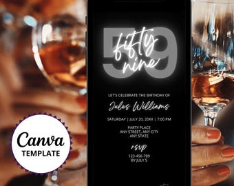 59th Birthday Party Invitation, Gray Black Birthday Invite, Editable Canva Template, DIY Birthday Dinner Evite