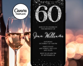 Invitación digital para 60 cumpleaños, invitación telefónica con el logo de diamante negro plateado, plantilla editable de Canva