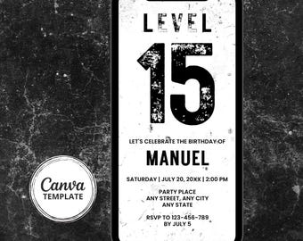 Verjaardagsuitnodiging niveau 15 | Zwart-wit uitnodiging voor 15e verjaardag gamer | Bewerkbare canvassjabloon