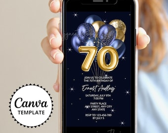 70th Birthday Phone Invitation, Blue Gold Balloons, Elegant Birthday Party Evite, Editable Canva Template
