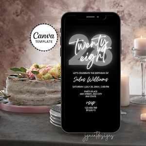 28th Birthday Invitation, Gray Black Neon Canva Template, Digital Invite
