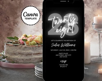 28e verjaardagsuitnodiging, sjabloon grijs zwart neon canvas, digitale uitnodiging