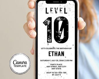 Verjaardagsavond niveau 10 | Zwart-wit 10e verjaardag gamerfeest digitale uitnodiging | Bewerkbare canvassjabloon