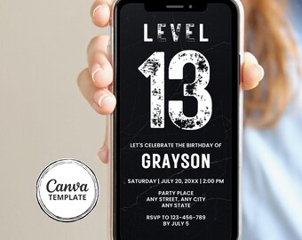 Black and White 13th Birthday Boy Invitation, Dark Theme Grunge Teen Birthday Invite, Editable Canva Template, Gamer Party Evite