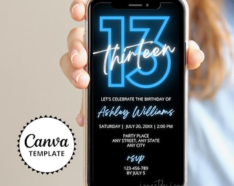 13th Birthday Invitation, Neon Blue Black Digital Invitation, Text Party Invite, Editable Canva Template