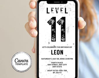 Verjaardagsavond level 11 | Zwart-wit uitnodiging voor gamerfeest | Bewerkbare sjabloon voor digitale canva-telefoon