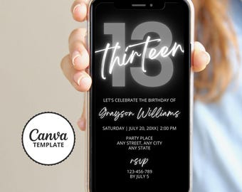 13e verjaardag verjaardagsuitnodiging, grijs zwarte telefoon Evite, dertiende verjaardag, DIY canvas sjabloon