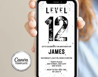 Digitale uitnodiging 12e verjaardag | Digitale uitnodiging gamerfeest met zwart-wit grunge level 12 | Bewerkbare canvassjabloon