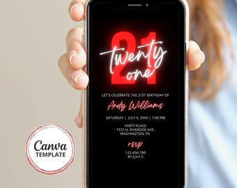 Digitale uitnodiging 21e verjaardag, neonrood zwart bewerkbare feestavond, tekstuitnodiging, canvassjabloon