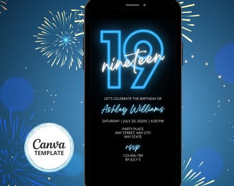 Invitación digital azul para 19.º cumpleaños, invitación telefónica en azul neón y negro, plantilla editable de Canva