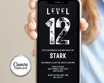 12th Birthday Invitation, Grunge Gamer Style, Black and White, Canva Template (Digital Download)