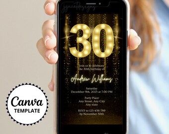 Gold Black 30th Birthday Invitation, Elegant Celebration Evite (Digital Download)