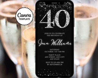 40th Birthday Invitation: Black & Silver Diamond, Canva Phone Template, Digital Invite