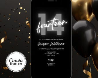 14th Birthday Invitation, Gray Black Party Invite, Teen Birthday Celebration Evite, Canva Template