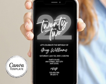 22e verjaardagsuitnodiging, zwartgrijs verjaardagsuitnodiging, eenvoudige en moderne digitale uitnodiging, canvassjabloon