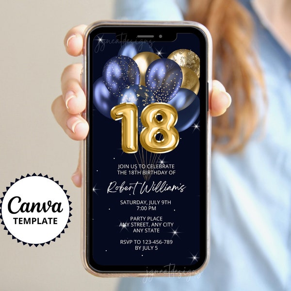 18th Birthday Digital Invitation, Blue Birthday Invite, Eighteenth Birthday, Blue and Gold Evite, Editable Canva Template, Navy Blue Evite