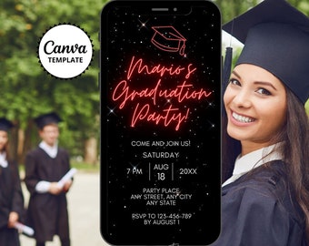 Invitación digital roja de graduación, invitación a la fiesta de graduación de la promoción de 2026, anuncio de graduación de instituto o universidad, plantilla editable de Canva.